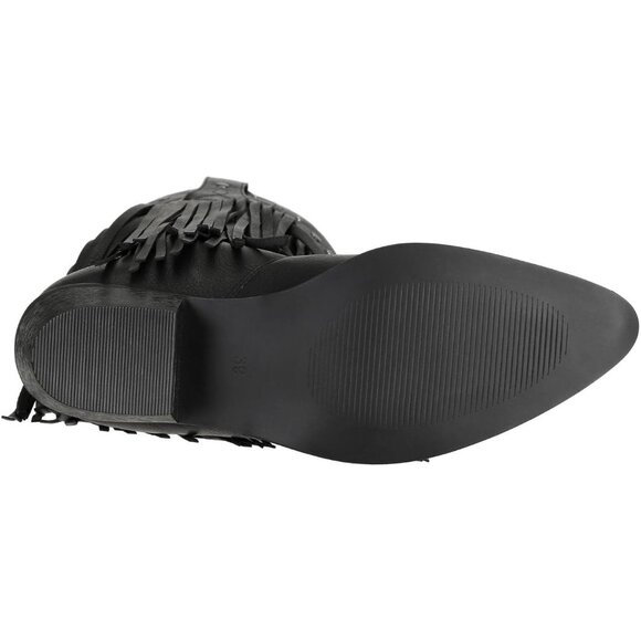 Women's Black Cow Girl Block Heel Calf High Faux Suede Western Boots Shoes - Picture 4 of 8